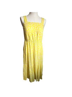 Yellow Sleeveless Maxi Dress With Pink Leaf Print & Elastic Waist Size M jj3742